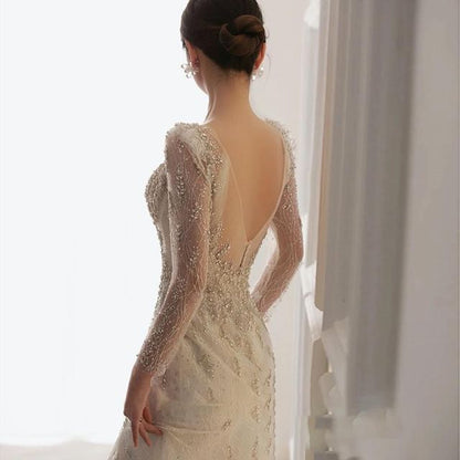 Long-Sleeve Open-Back Rhinestone Bodycon Wedding Gown