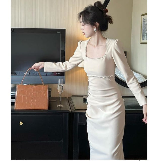 Square-Neck Long-Sleeve Plain Sheath Maxi Dress