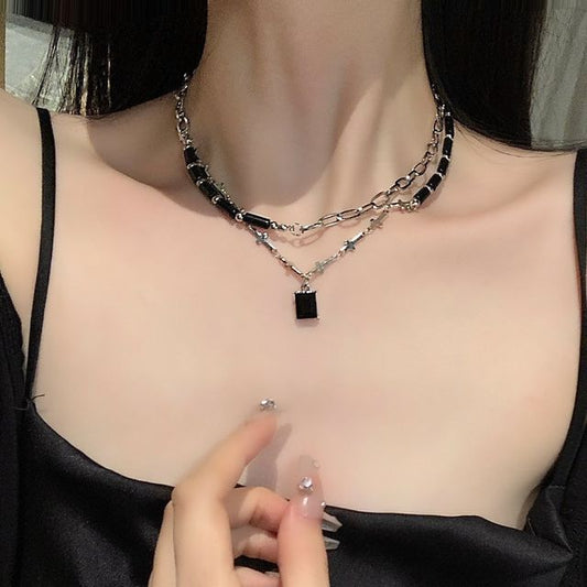 Faux Crystal Pendant Layered Alloy Choker