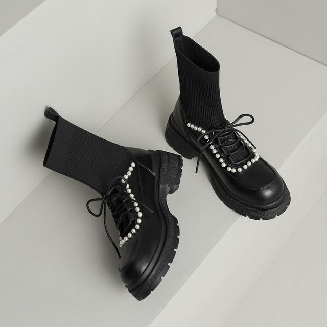 Lace-Up Faux Pearl Short Sock Boots