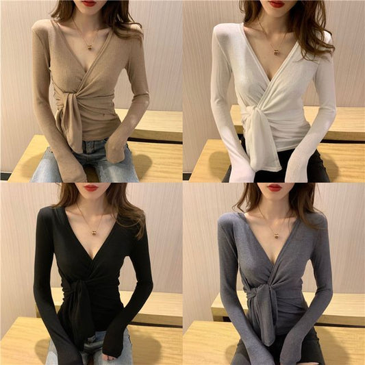 Long-Sleeve Plain Knot Top V-Neck Slim-Fit