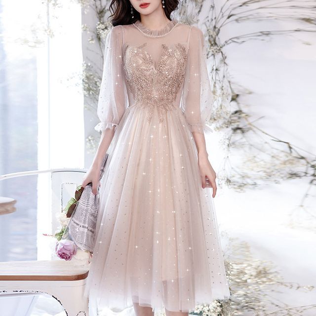 Puff-Sleeve Flower Embroidered Sequin Midi Cocktail Dress / A-Line Evening Gown