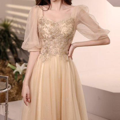 Puff-Sleeve Flower Embroidered Sequin Midi Cocktail Dress / A-Line Evening Gown