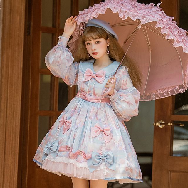 Puff-Sleeve Floral Print Bow Lolita Dress (Various Designs)