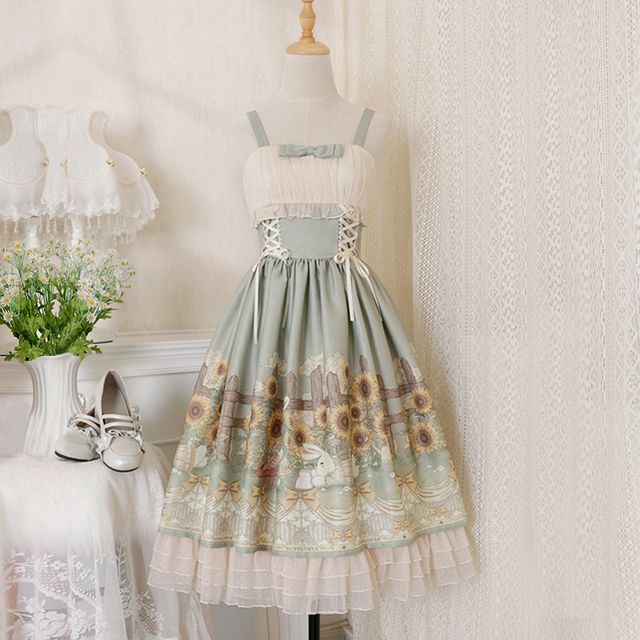 Wide Strap Floral Print Midi A-Line Layered Lolita Dress / Short-Sleeve Ruffle Blouse / Set