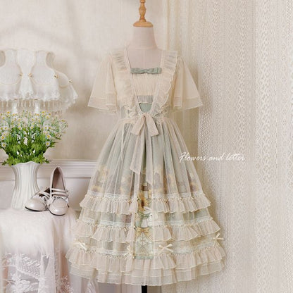 Wide Strap Floral Print Midi A-Line Layered Lolita Dress / Short-Sleeve Ruffle Blouse / Set