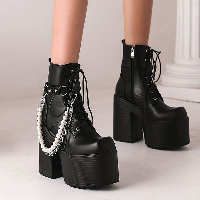 Platform Block Heel Faux Pearl Chain Lace Up Short Boots