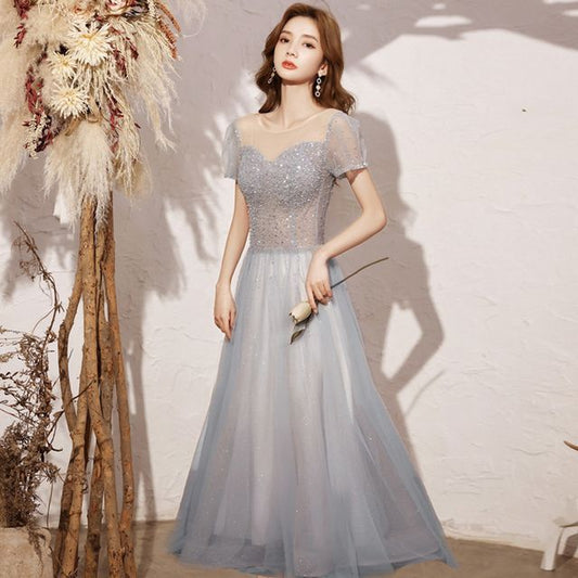 Short-Sleeve Mesh Evening Round A-Line Sequin Gown / Neck Cocktail Dress