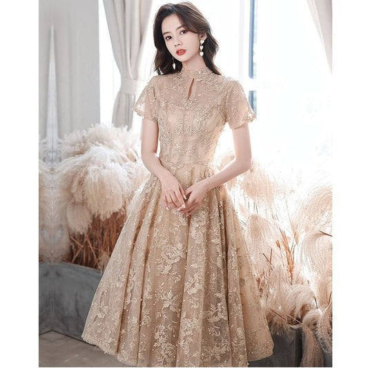 Embroidered A-Line Neck Mock Short-Sleeve / Pearl Dress Flower Faux Gown Evening Cocktail