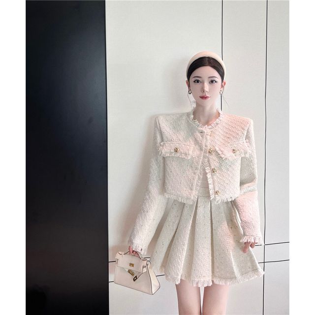 Long-Sleeve Lace Blouse / Tweed Tassel Trim Button-Up Jacket / High Rise Pleated Mini A-Line Skirt / Set