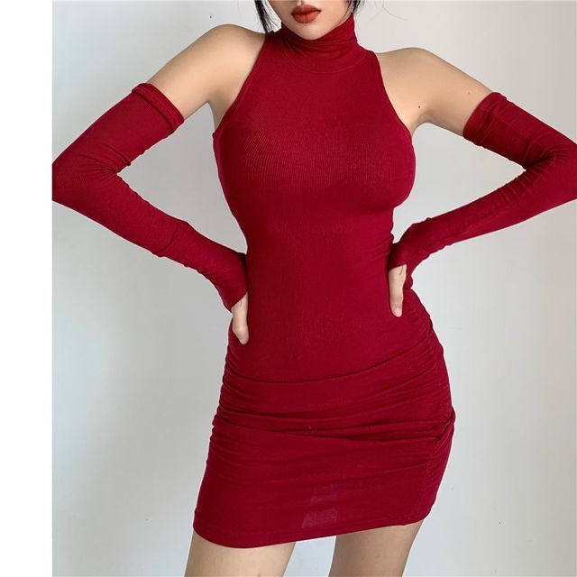 Sleeveless Arm Mini Sleeves Dress With Plain Turtleneck