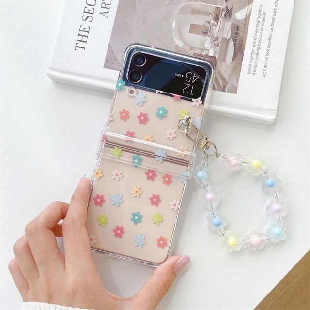 Heart Print / Flower Print with  Chain Mobile Phone Case- Samsung Galaxy Z Flip 3 / Flip 4