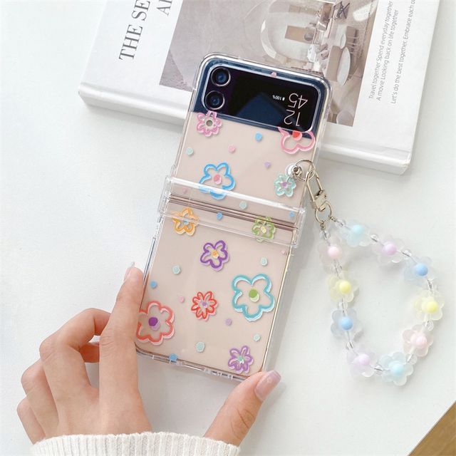 Heart Print / Flower Print with  Chain Mobile Phone Case- Samsung Galaxy Z Flip 3 / Flip 4