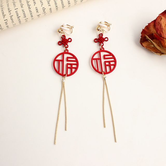 Earring / Fringed Characters Clip-On Chinese