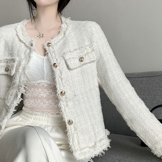 Round Neck Single Breasted Tweed Blazer