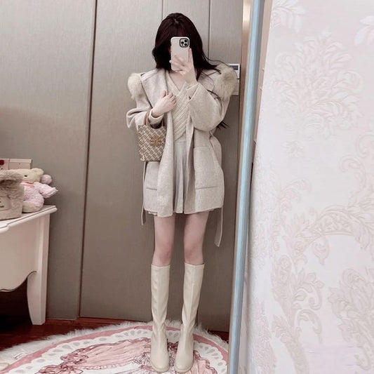 Faux Fur Trim Plain Hooded Tie-Waist Woolen Coat