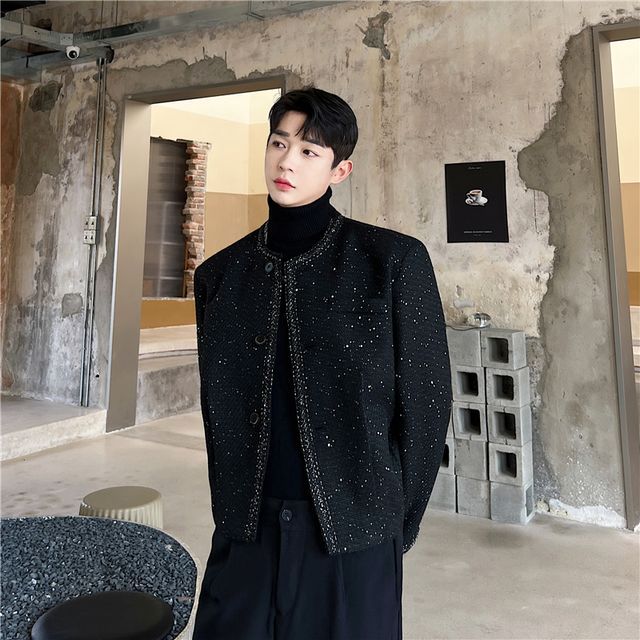 Tweed Trim Glitter Button-Up Jacket