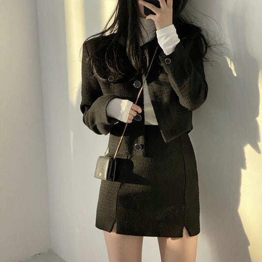 Crew Neck Plain Tweed Cropped Button Jacket / High Waist Slit Mini Pencil Skirt