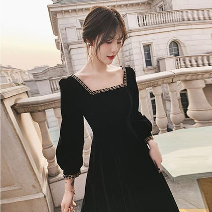 Long-Sleeve Square Neck Midi A-Line Dress