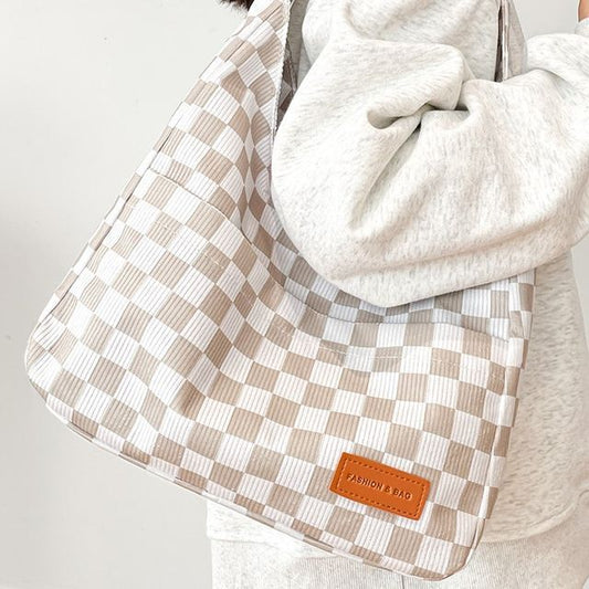 Checker Lettering Applique Corduroy Tote Bag