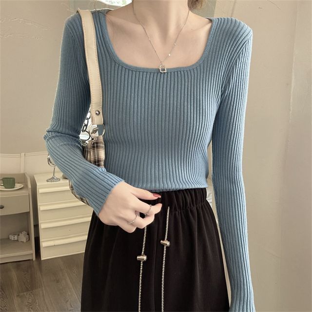 Square Neck Plain Knit Top