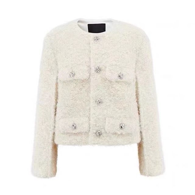 Crew Neck Tweed Button-Up Crop Jacket