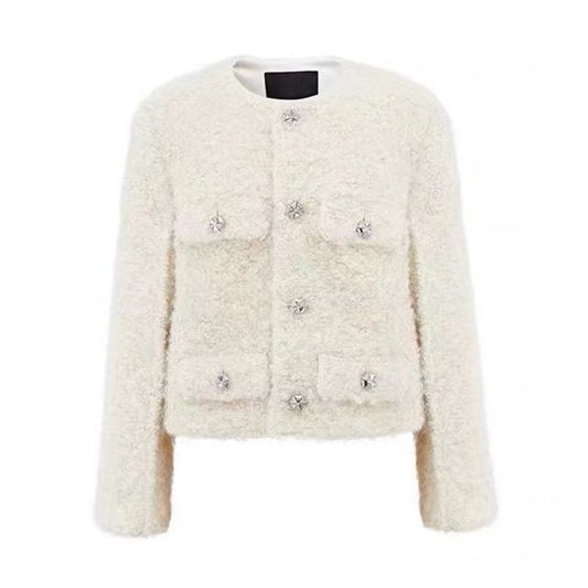 Crew Neck Tweed Button-Up Crop Jacket