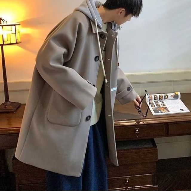 Single Breasted Hooded Woolen Coat