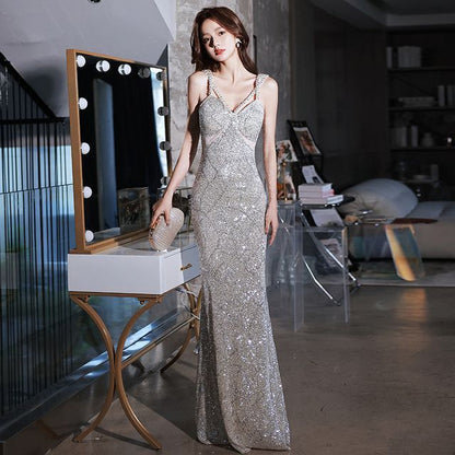 Sleeveless V-Neck Sequined Mermaid Evening Gown