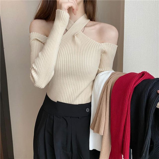 Top Halter Knit Long-Sleeve Plain Cold-Shoulder