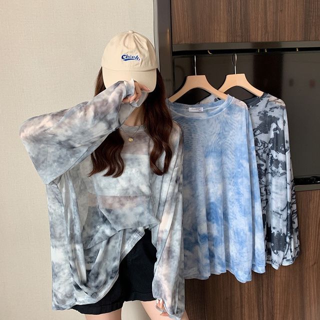 Neck Dye Mesh Long-Sleeve Crew Tee Tie Oversized
