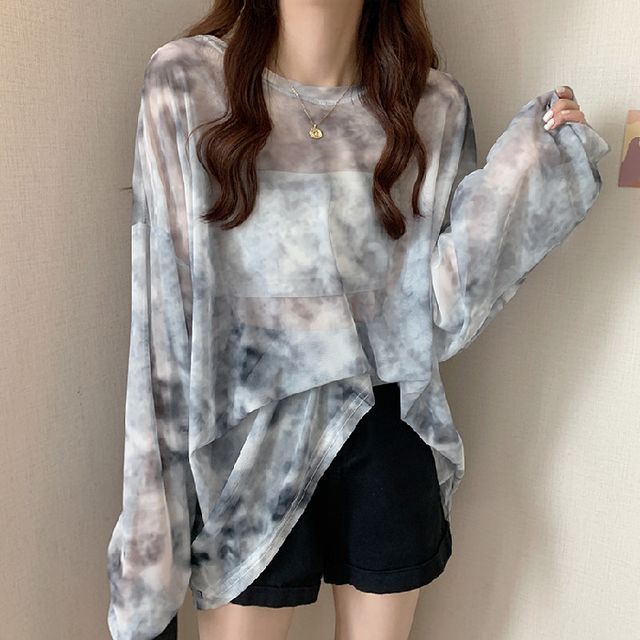 Neck Dye Mesh Long-Sleeve Crew Tee Tie Oversized