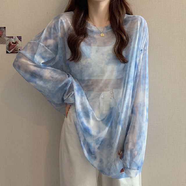 Neck Dye Mesh Long-Sleeve Crew Tee Tie Oversized