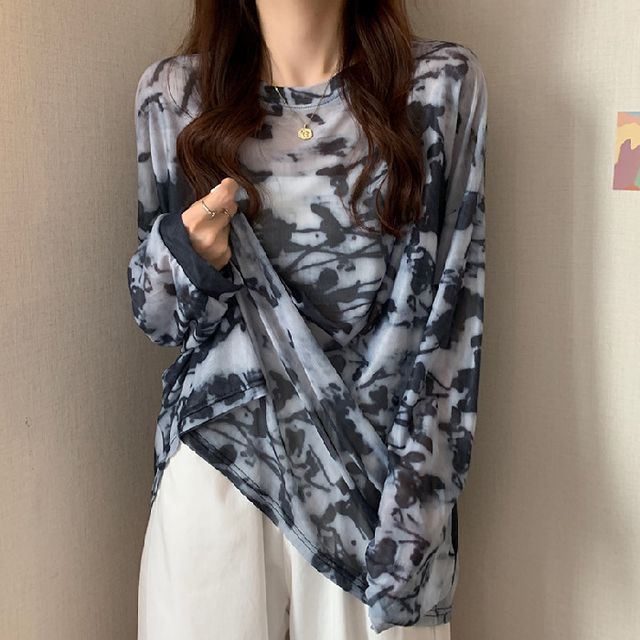 Neck Dye Mesh Long-Sleeve Crew Tee Tie Oversized