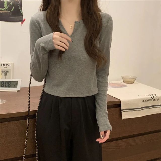 Neck Notch Plain Long-Sleeve T-Shirt
