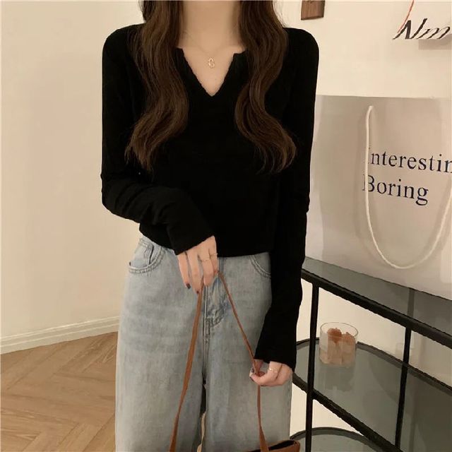 Neck Notch Plain Long-Sleeve T-Shirt