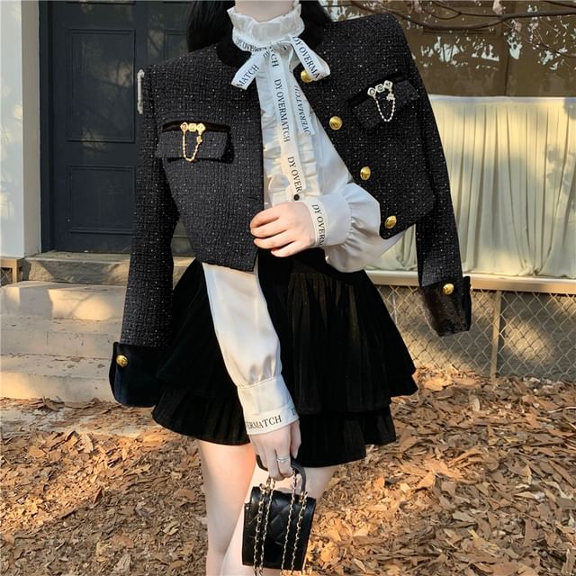 Stand Collar Velvet Panel Tweed Crop Single Breasted Jacket / High Waist Plain Tiered Velvet Mini A-Line Skirt / Long-Sleeve Stand Collar Lettering Print Tie Front Ruffle Blouse