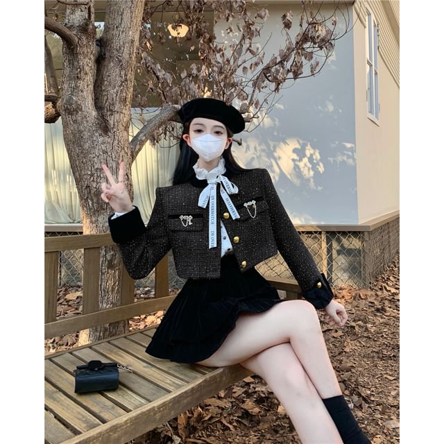 Stand Collar Velvet Panel Tweed Crop Single Breasted Jacket / High Waist Plain Tiered Velvet Mini A-Line Skirt / Long-Sleeve Stand Collar Lettering Print Tie Front Ruffle Blouse