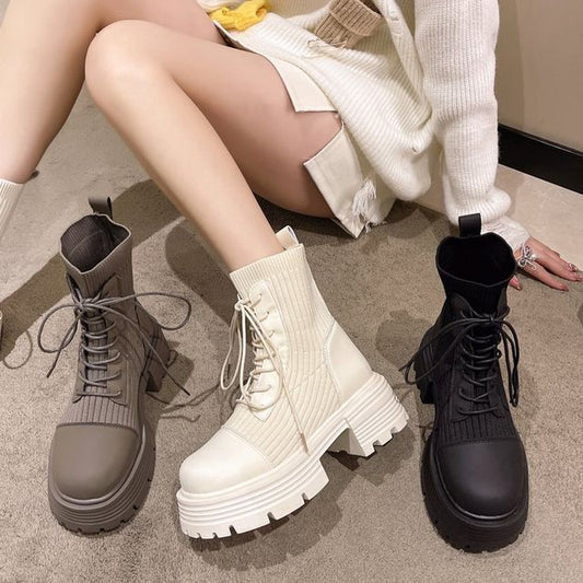 Platform Boots Lace-Up Faux Short Knit Panel Leather