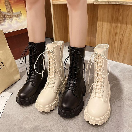 Boots Platform Lace-Up Faux Short Leather
