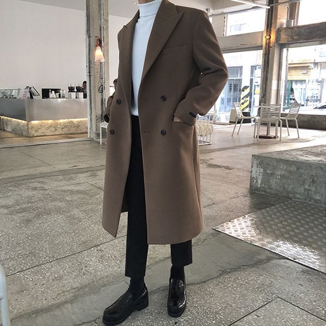 Long-Sleeve  Plain Double-Breasted Woolen Coat