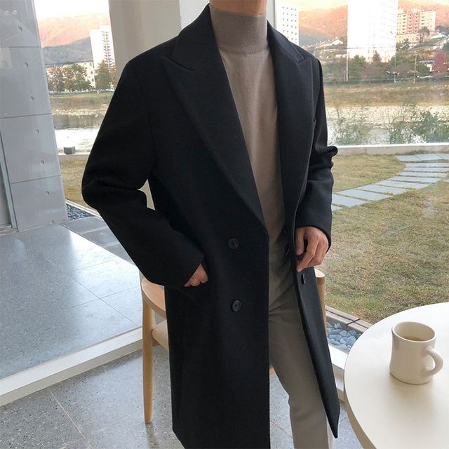 Long-Sleeve  Plain Double-Breasted Woolen Coat