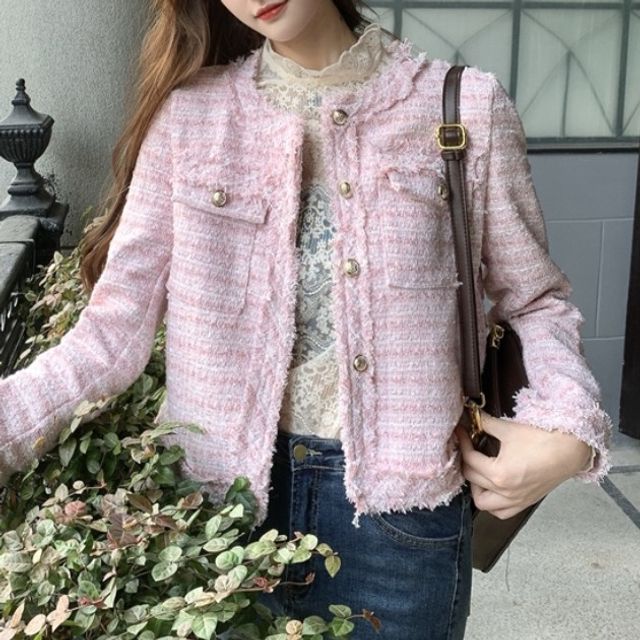 Round Neck Single Breasted Fringed Tweed Blazer