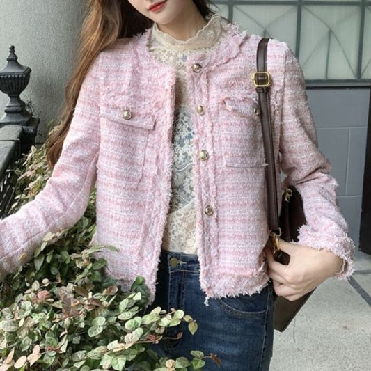 Round Neck Single Breasted Fringed Tweed Blazer