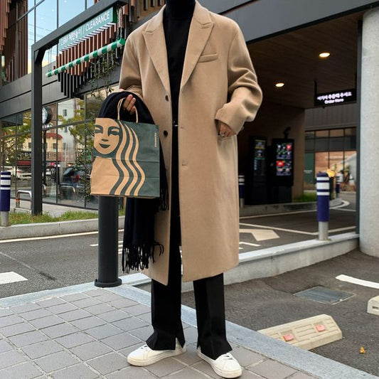 Long-Sleeve Plain Woolen Long Coat