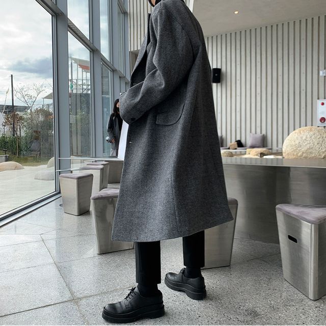 Long-Sleeve Plain Woolen Long Coat