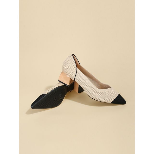 Knit Pointed Pumps Block-Heel