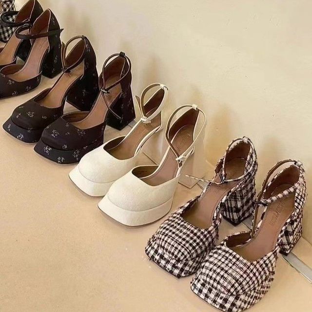Ankle Strap Pumps Block-Heel Square-Toe