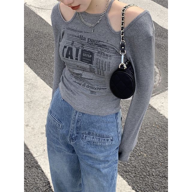 Long-Sleeve Cold-Shoulder Top Slim-Fit Print