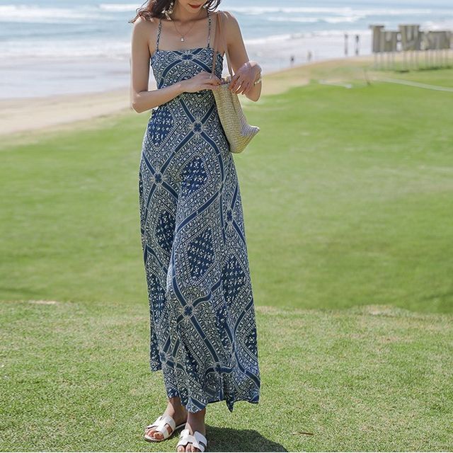 A-Line Paisley Spaghetti Dress Print Midi Strap
